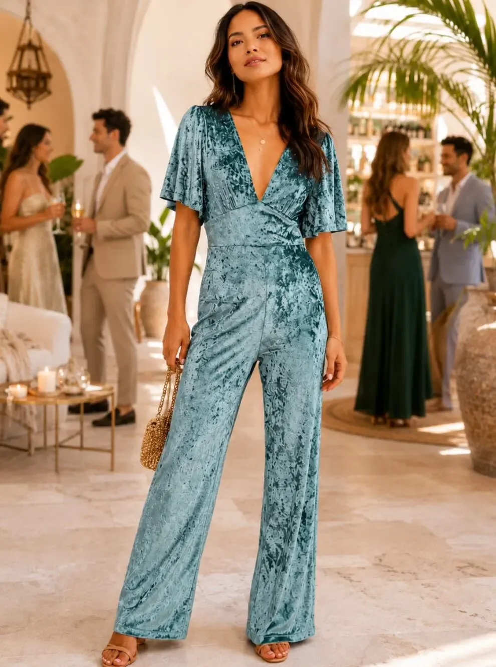 Free People Night Fever Green Velvet Wide Leg Jumpsuit Womens Size XS